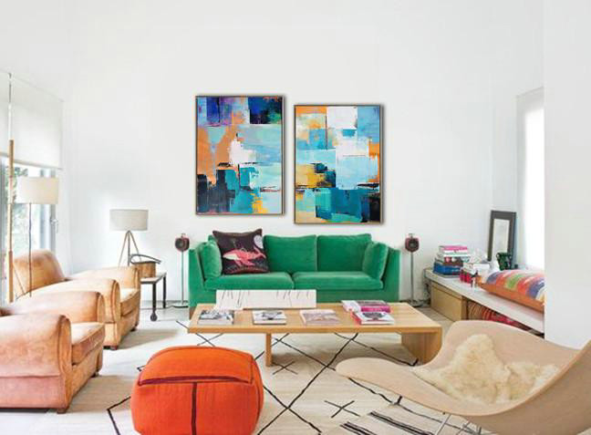 Extra Large 72" Acrylic Painting,Set Of 2 Contemporary Art On Canvas,Size Extra Large Abstract Art,White,Dark Blue,Earthy Yellow,Black.etc